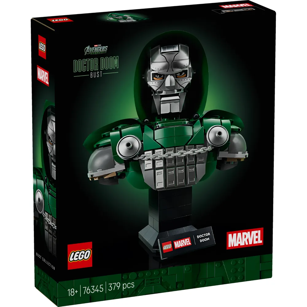 Front of the LEGO Marvel Doctor Doom Bust (76345) box, showing the bust against a green background with set details.