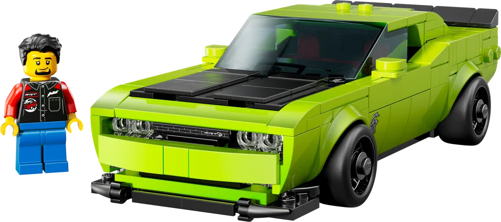 A lime green LEGO Dodge Challenger SRT Hellcat next to a minifigure of a man with black hair and a beard, wearing an SRT jacket.