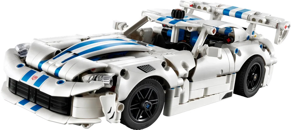 Full angle view of the LEGO Technic Dodge Viper GTS-R race car, showcasing its sleek white body, blue racing stripes, and aerodynamic design.