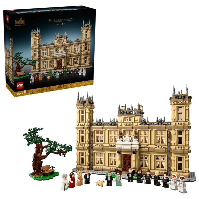 Full LEGO Ideas Downton Abbey set 21373 with box, minifigures, and tree.