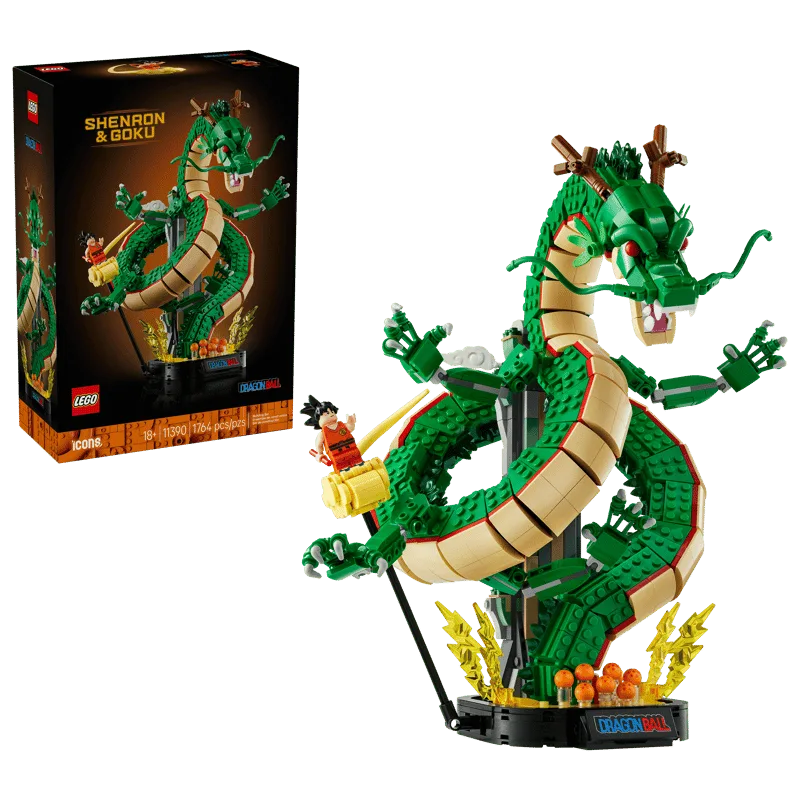 LEGO Icons Dragon Ball: Shenron & Goku (11390) set box displayed alongside the fully assembled model.