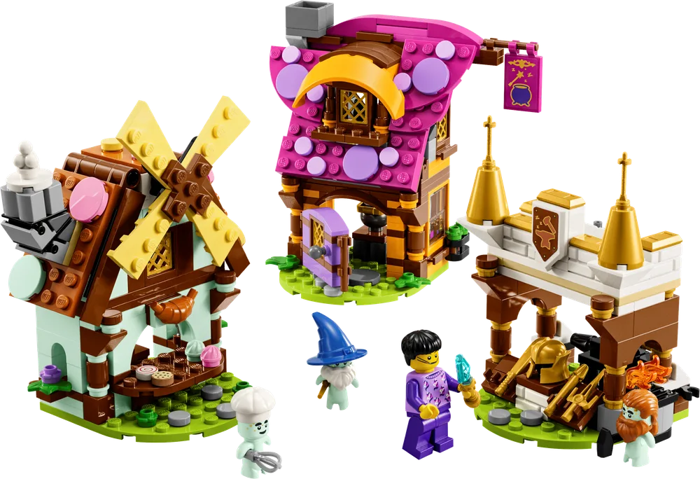 An overhead shot of three distinct, colorful LEGO DREAMZzz buildings and four minifigures on green baseplates, ready for adventure.