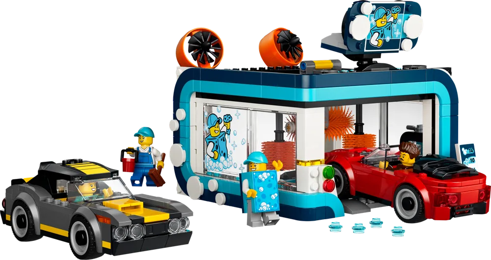 A LEGO car wash set with two cars and four minifigures on a white background.