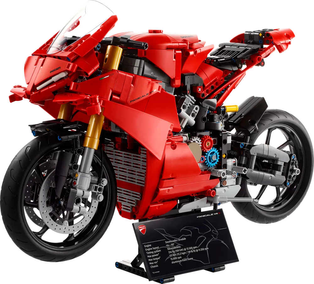 LEGO Technic Ducati Panigale V4 R motorcycle model with display stand and information plaque.