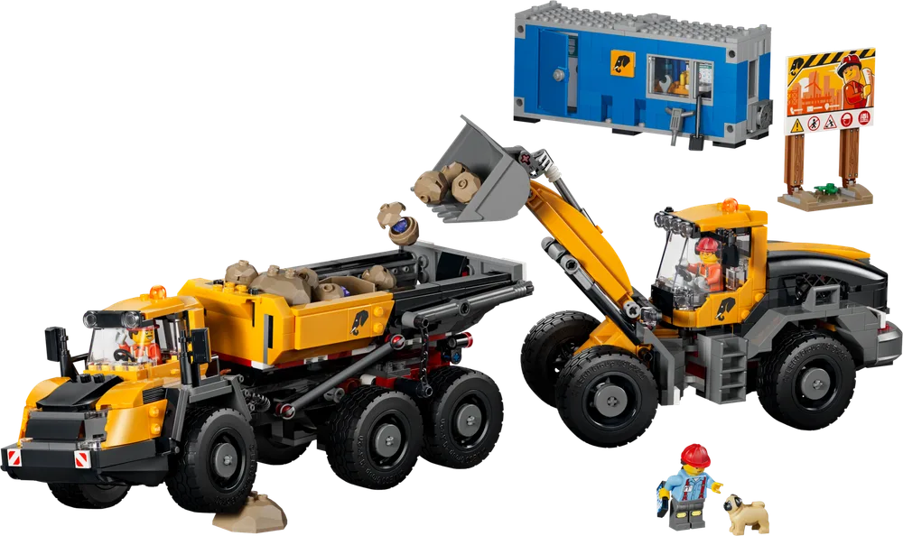 Full LEGO City 60494 construction set with dump truck, front-end loader, construction trailer, and minifigures.