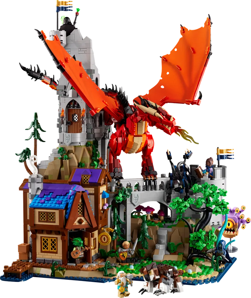 A sprawling Dungeons & Dragons build features a red dragon poised atop a towering grey castle, surrounded by a detailed village, vibrant trees, and several minifigures engaged in adventure.