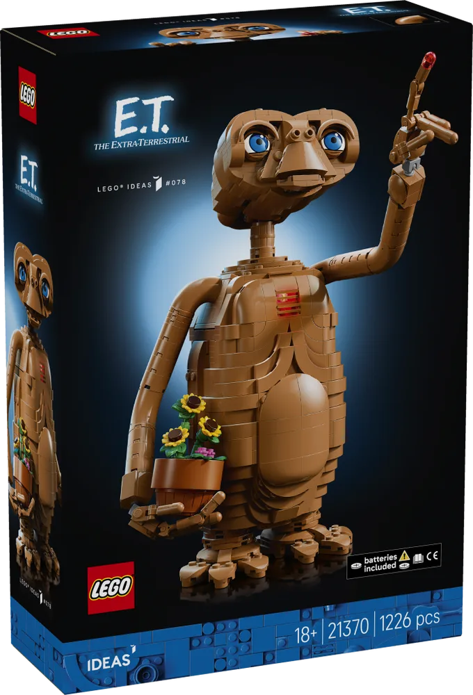 Front view of the LEGO Ideas E.T. the Extra-Terrestrial set box, featuring the built E.T. figure holding sunflowers and pointing a glowing finger.