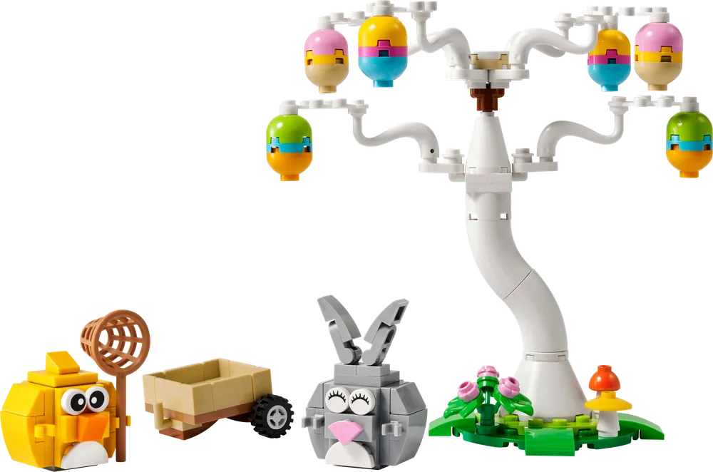 Full view of the LEGO Easter Bunny and Chick Egg Hunt set, featuring a white tree with colorful eggs, a grey bunny, a yellow chick with a net, and a small wagon, all against a plain white background.