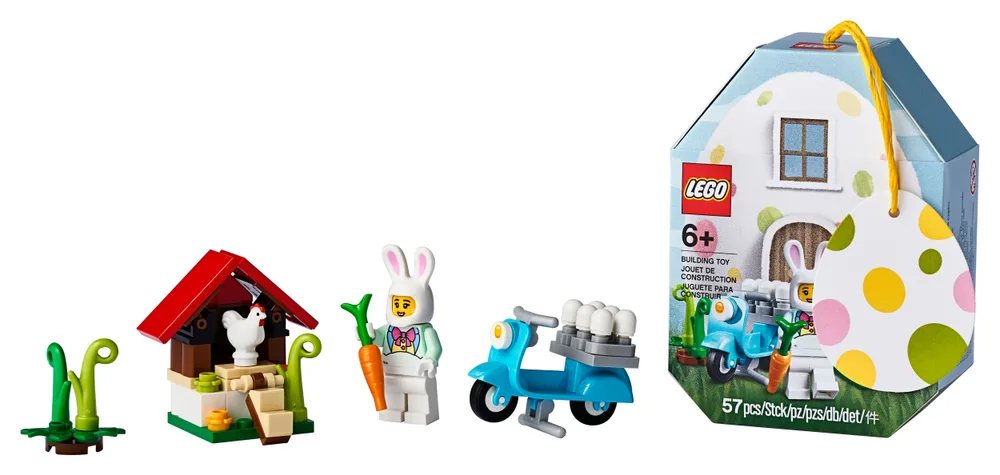 LEGO Easter Bunny House set 853990 with bunny minifigure, chicken coop, scooter with eggs, and packaging.