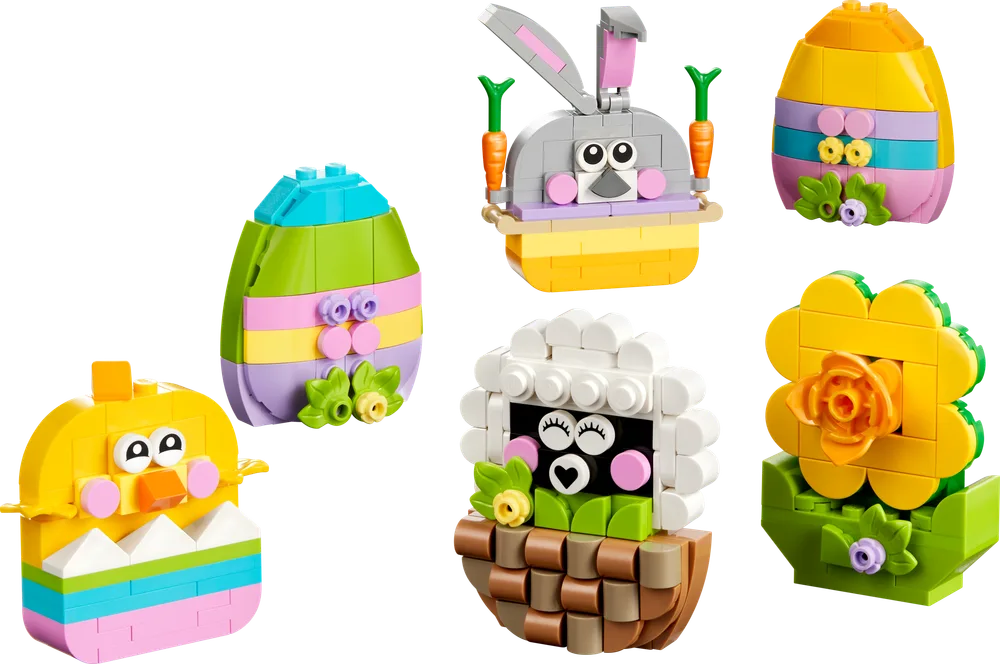 A collection of six colorful LEGO Easter-themed builds, including two decorated eggs, a chick, a bunny, a sheep in a basket, and a flower.