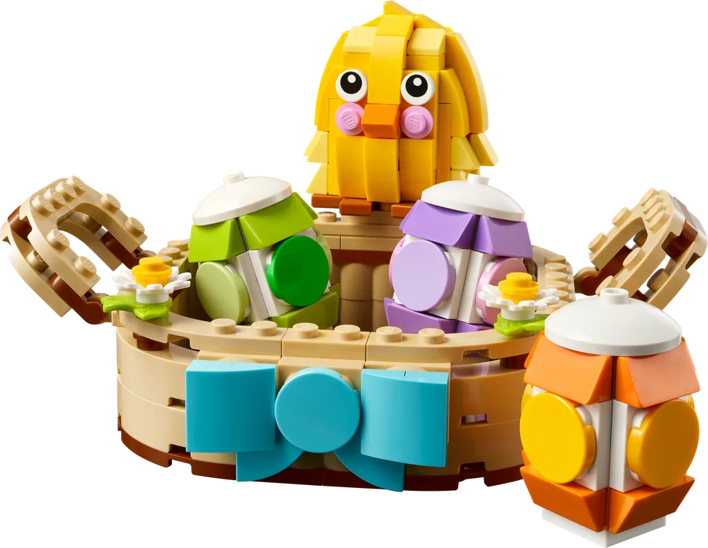 The LEGO 40863 Easter Egg Basket set, featuring a yellow chick, two colorful eggs in a basket, and one egg outside, all on a white background.