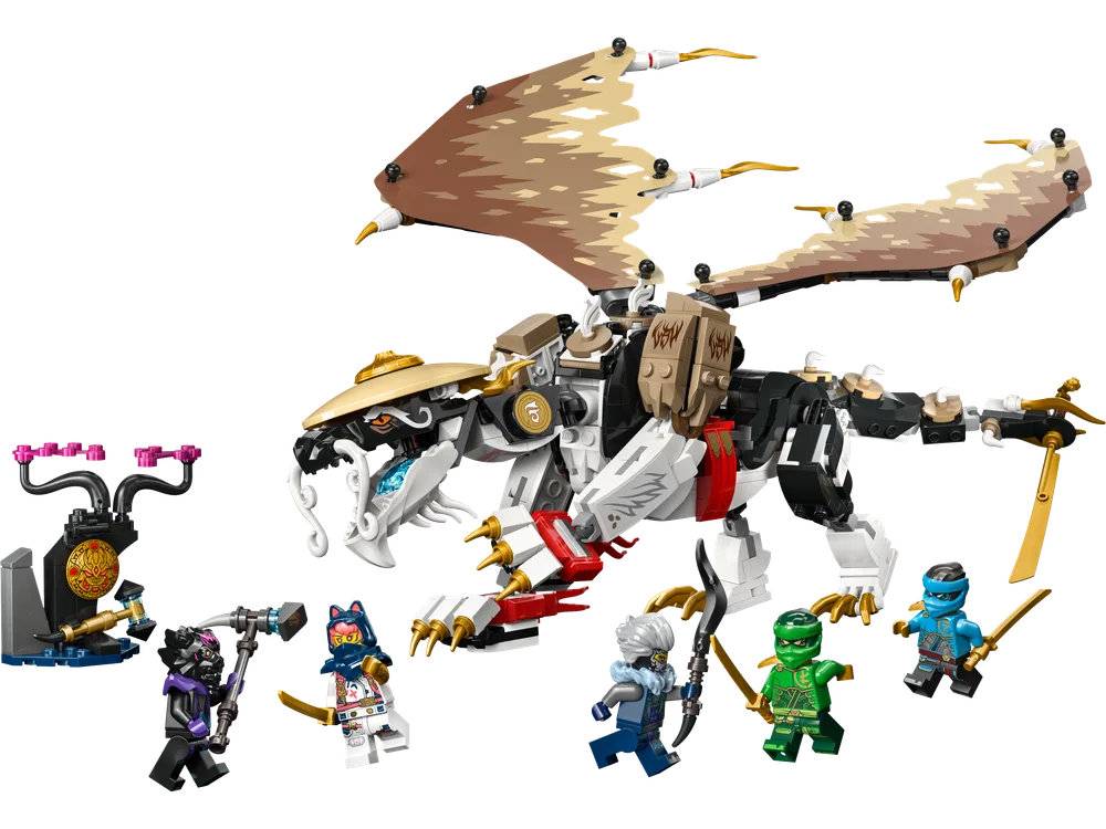 The Lego Ninjago Egalt the Master Dragon set 71809, featuring the dragon, five minifigures, and a small buildable forge, all on a white background.