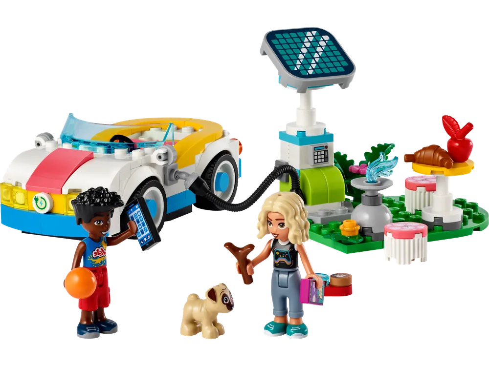 Full LEGO Friends 42609 Electric Car and Charger set on a white background, featuring a white, yellow, and blue electric car, a green-based solar charging station, and two minifigures, Zac and Nova, with their pug.