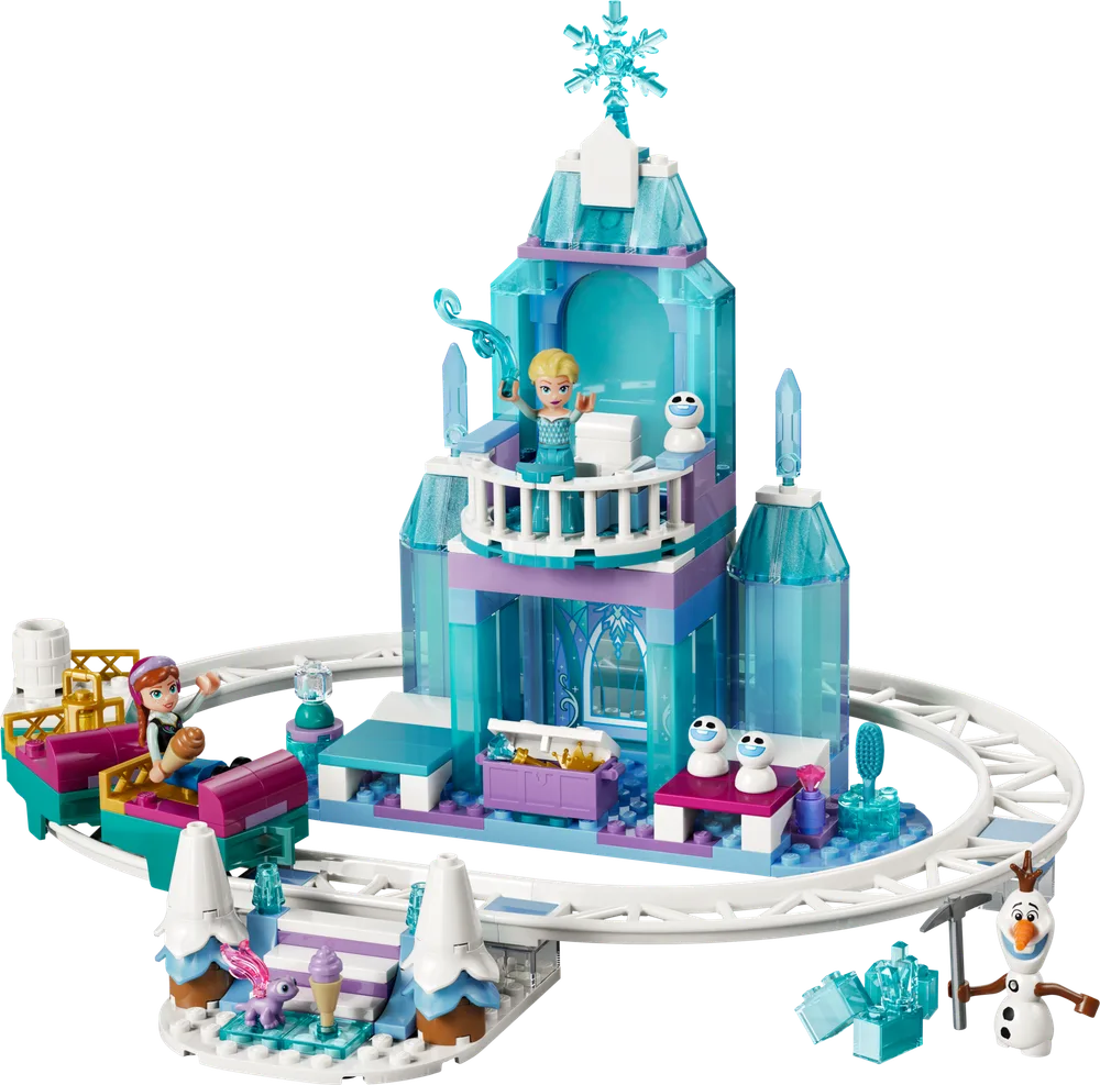 Full view of LEGO Disney Elsa's Ice Castle Adventure set with a castle, roller coaster, and minifigures.