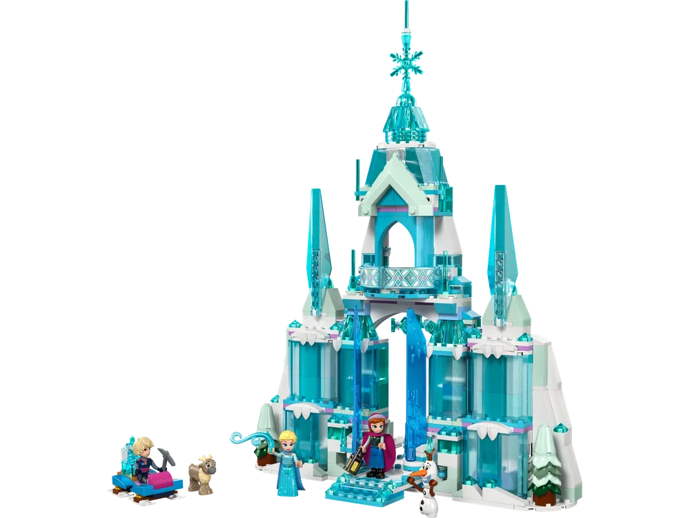 Full front view of LEGO Disney Elsa's Ice Palace with Elsa, Anna, Kristoff, Sven, and Olaf minifigures around it.