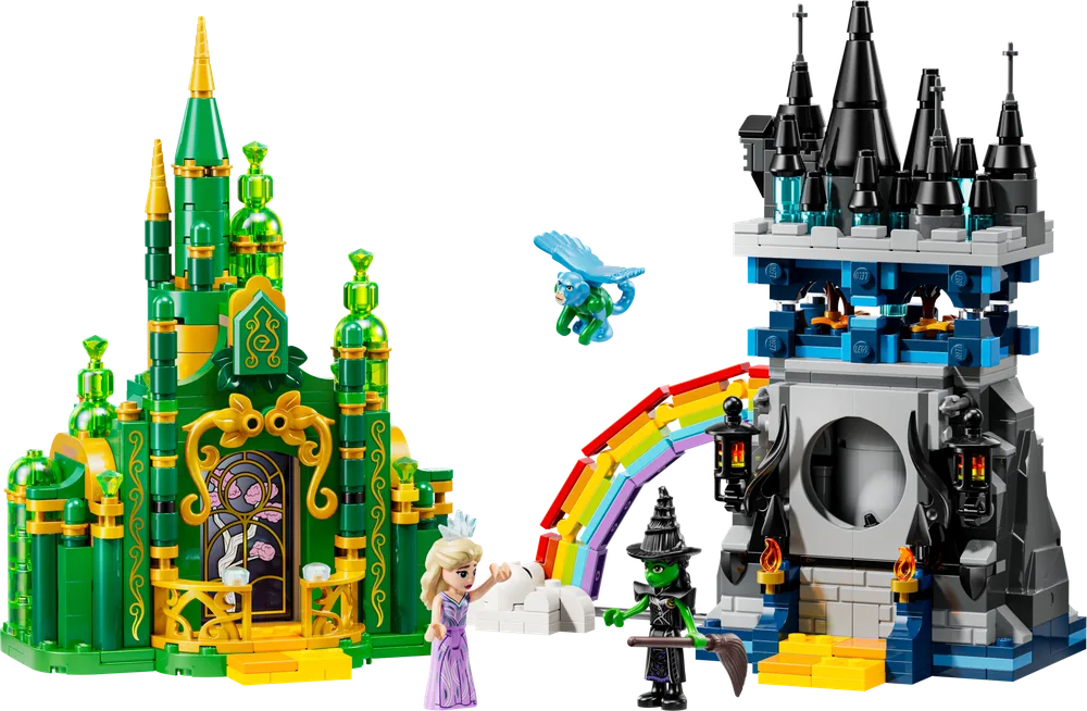 Full LEGO Wicked set 75689, showing the Emerald City and Kiamo Ko Castle with Glinda, Elphaba, and a Flying Monkey.