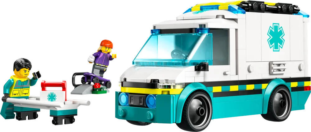 Lego City Emergency Ambulance (60451) with a paramedic minifigure next to a stretcher and a fallen skater minifigure with a skateboard ramp.