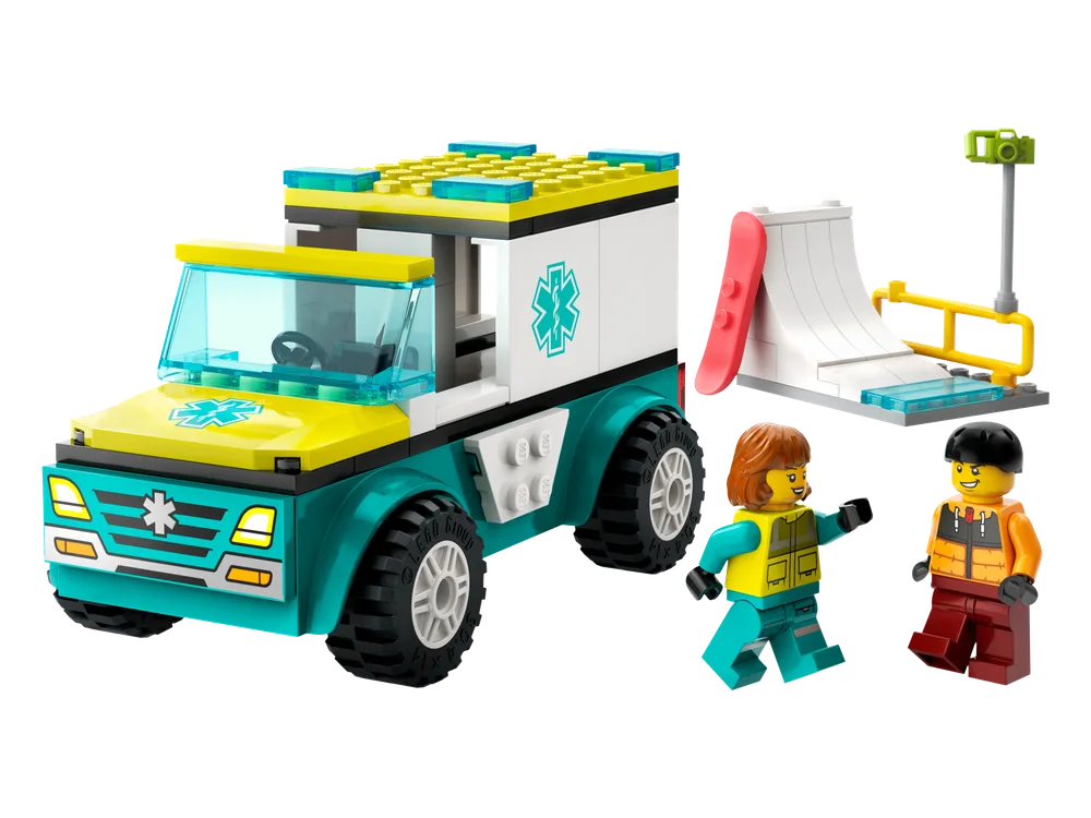 LEGO City Emergency Ambulance and Snowboarder set with a teal and yellow ambulance, a white snowboard ramp, a medic minifigure, and a snowboarder minifigure.
