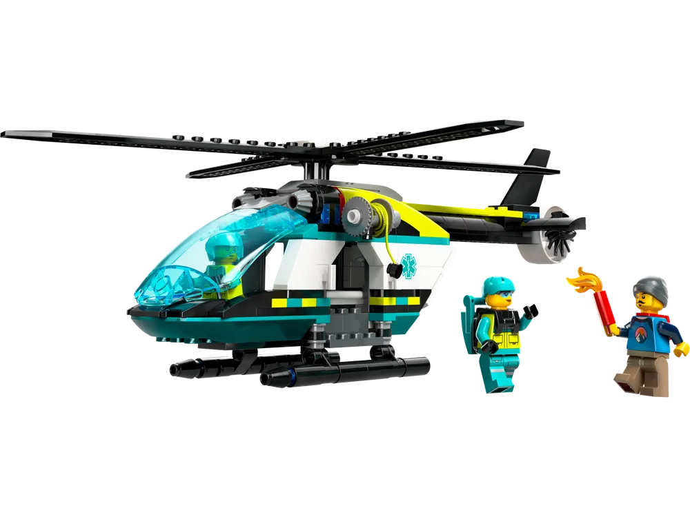 LEGO City Emergency Rescue Helicopter set 60405 with pilot and two other minifigures, one rescuer and one patient.
