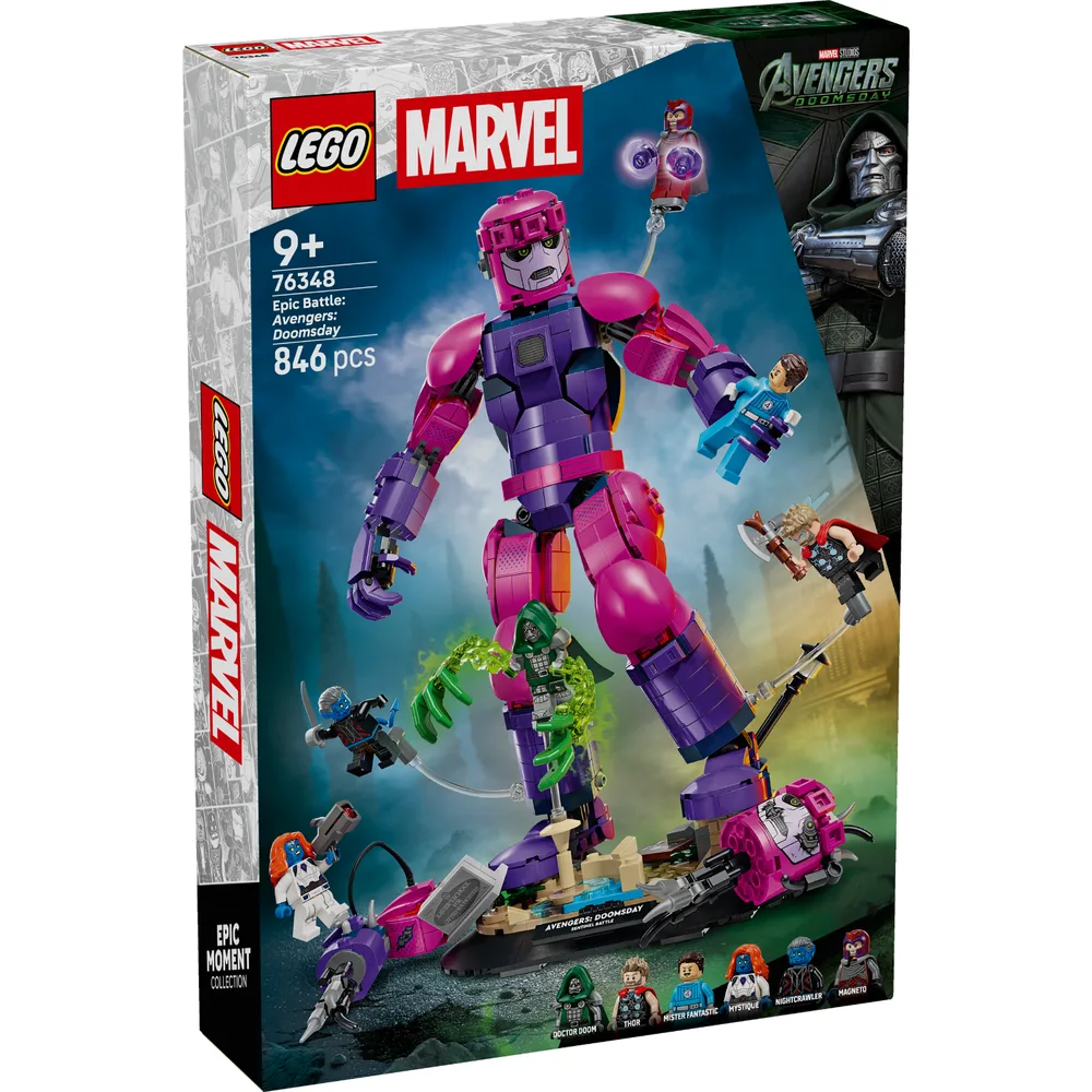 Front view of the LEGO Marvel Epic Battle: Avengers: Doomsday set box, featuring the massive purple and magenta Sentinel robot in action against six Marvel minifigures.