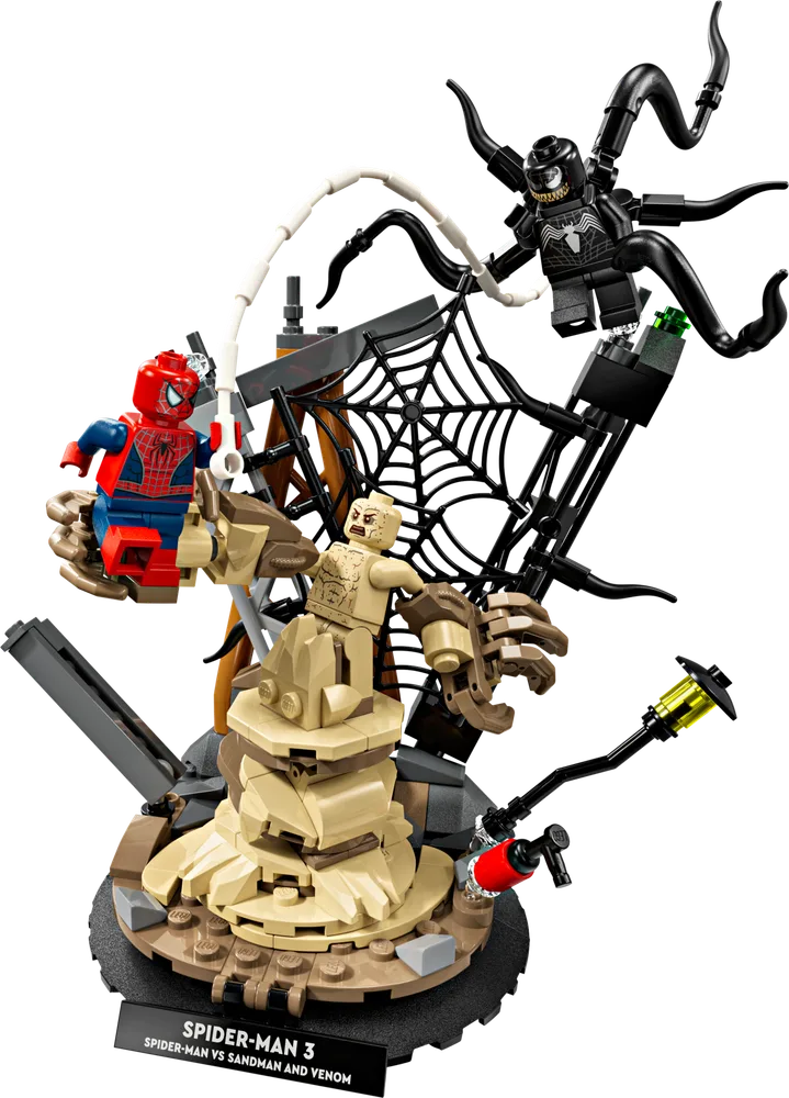 Full LEGO Marvel 76334 set featuring Spider-Man, Sandman, and Venom in a dynamic battle scene.