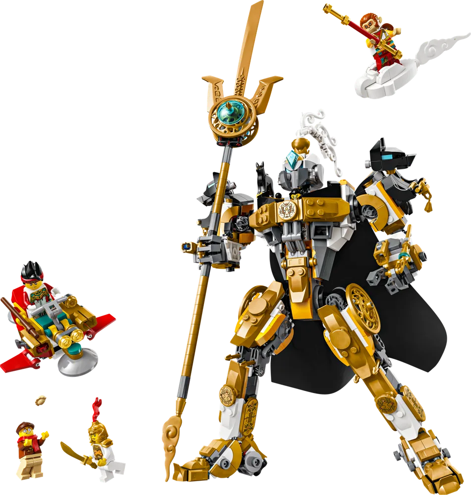 LEGO Monkie Kid Erlang's Celestial Mech 80065 with multiple minifigures including Erlang, Monkey King, and Monkie Kid's flyer, against a white background.