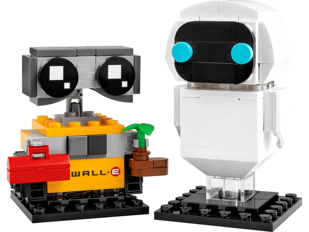 LEGO BrickHeadz WALL•E and EVE figures with WALL•E holding a plant and EVE on a transparent stand.