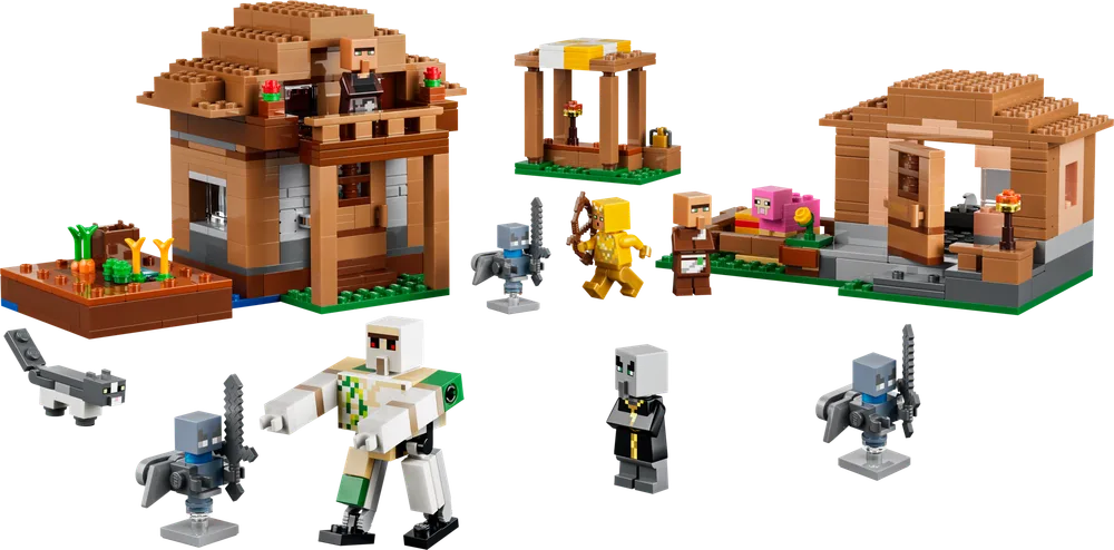 Full LEGO Minecraft Evoker Village Attack set laid out with all minifigures and modular buildings.