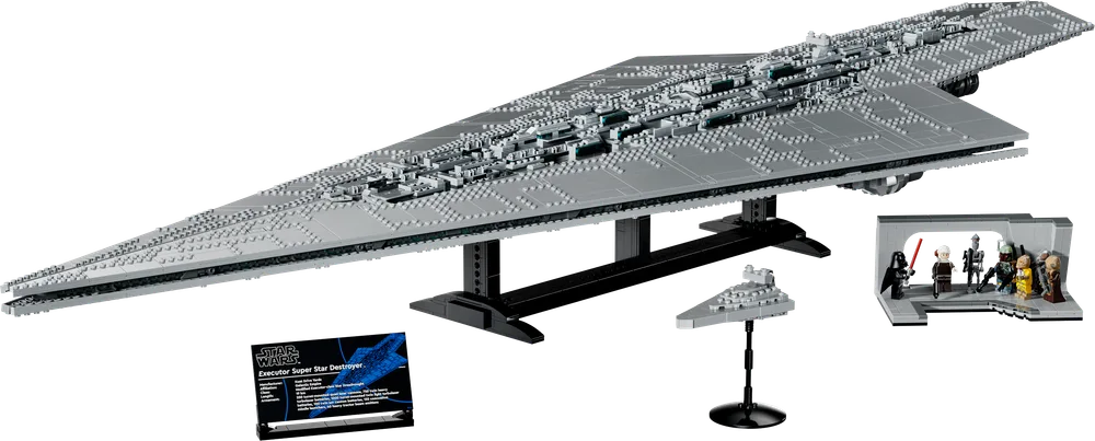 The LEGO Star Wars Executor Super Star Destroyer (75457) on its display stand, with a mini Star Destroyer and minifigure display featuring Darth Vader and bounty hunters.