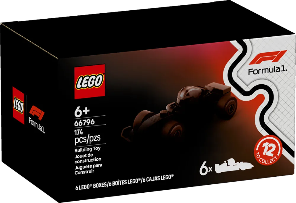 Front of the LEGO F1 Collectible Race Cars 6-Pack box, featuring a dark silhouette of a race car and '12 to collect' badge.