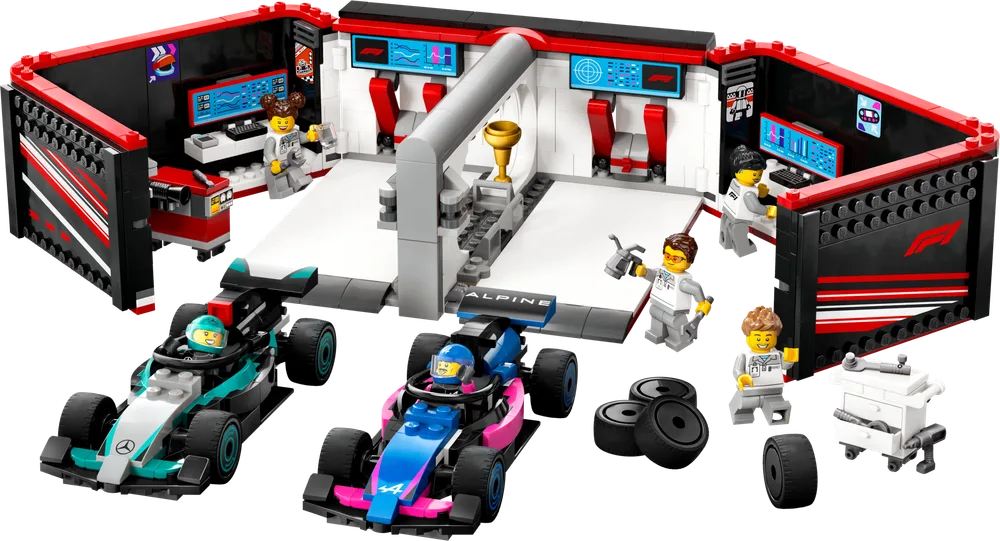 Full LEGO F1 Garage with Mercedes-AMG and Alpine cars, 6 minifigures, and pit stop accessories in an open layout.