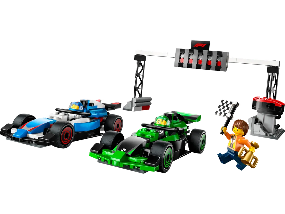 Full LEGO F1 Grid set with two race cars, starting gantry, and flag waver minifigure.