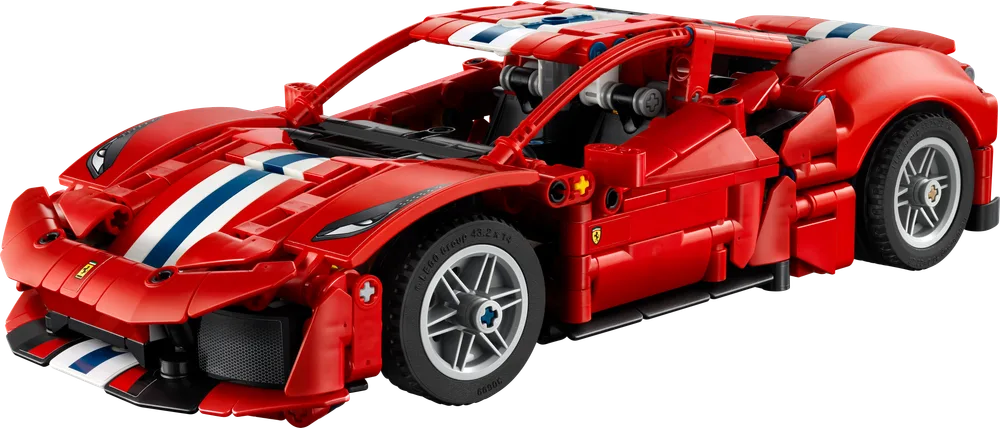 Ferrari 488 Pista LEGO Technic car in a dynamic pose, showcasing its red body and blue and white racing stripes.