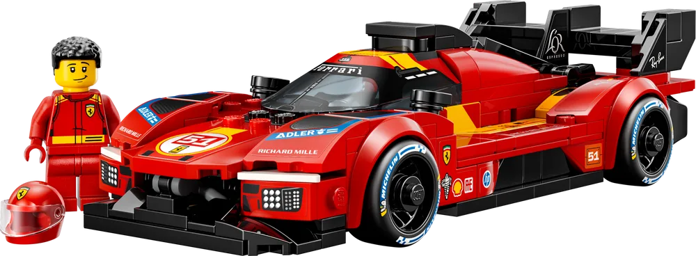 A LEGO Ferrari 499P race car and a minifigure driver with a helmet on a white background. The car is red with yellow and blue details.