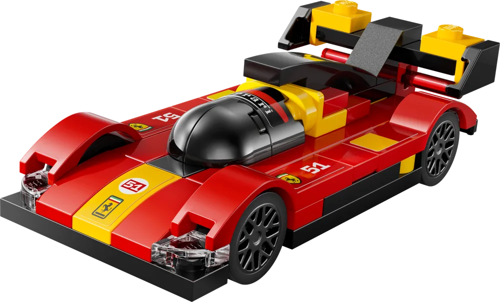 LEGO Speed Champions Ferrari 499P Hypercar set 30709 built model, showcasing its red and yellow body with black accents and a transparent black canopy.