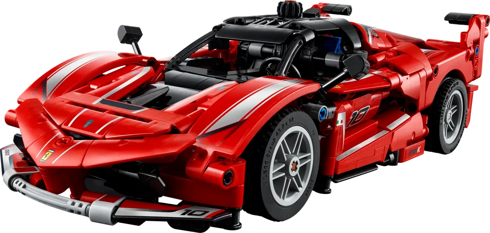 Front three-quarter view of the completed LEGO Technic Ferrari FXX K, showcasing its red body, silver racing stripes, and aggressive aerodynamic design.