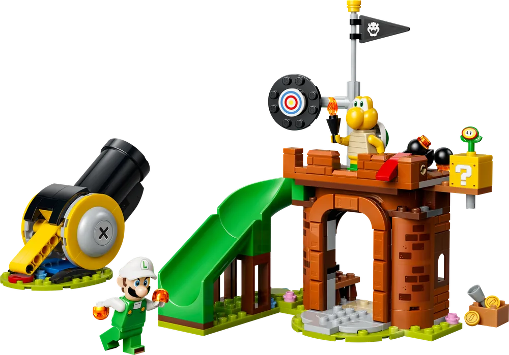 Full view of the LEGO Super Mario set 72061, featuring Luigi, a Koopa Troopa, a brick-built fortress with a green slide, a large black cannon, and a flag.
