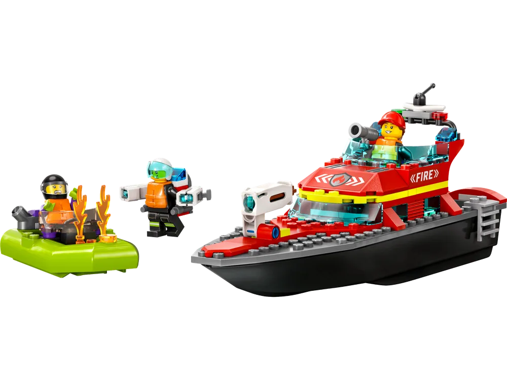 LEGO City Fire Rescue Boat 60373 set featuring a red and black fire boat, a lime green inflatable dinghy, and two minifigures, one with a water jetpack, engaged in a simulated fire rescue against a white background.