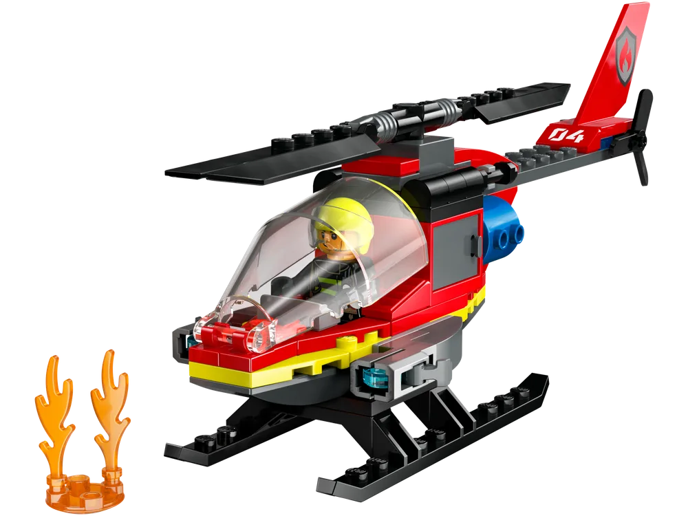 Front view of a red and black LEGO fire rescue helicopter with a yellow helmeted pilot, next to two orange flame elements.