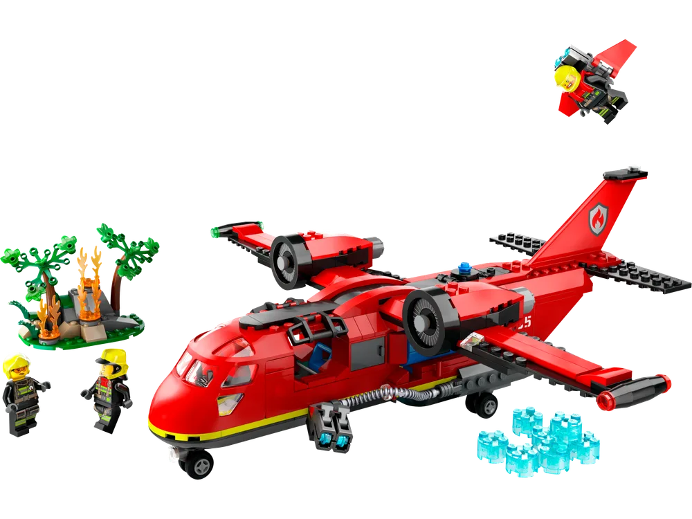 Full LEGO City Fire Rescue Plane 60413 set with two minifigures, a burning island, and blue water elements.