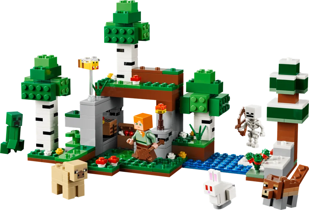 LEGO Minecraft First Night Adventure set 21593 featuring Alex, Creeper, Skeleton, Wolf, Fox, Rabbit, and Bee in a forest scene with birch trees and a shelter.