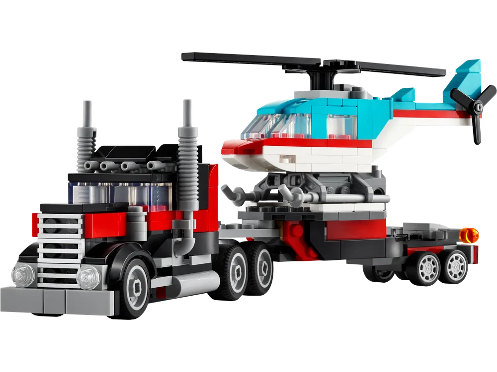 LEGO Creator 3-in-1 Flatbed Truck with Helicopter, featuring a red and black truck hauling a teal and white helicopter.