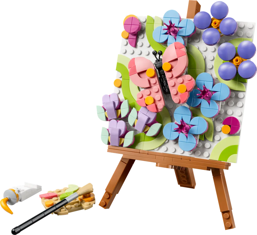 LEGO Creator 31390 Floral Art Decor Painting, featuring a vibrant butterfly and floral arrangement on an easel, accompanied by a paint tube and brush made of LEGO bricks.