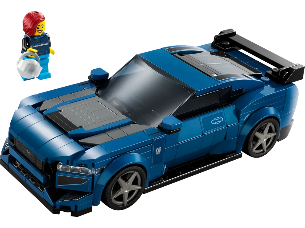 LEGO Speed Champions Ford Mustang Dark Horse sports car with a minifigure on a white background.