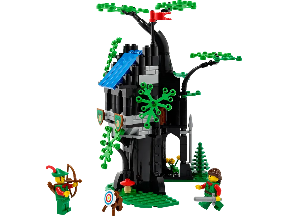 Front view of the LEGO Forest Hideout set, featuring a tall black tree structure with a small blue-roofed building, two minifigures, an archery target, and a mushroom.
