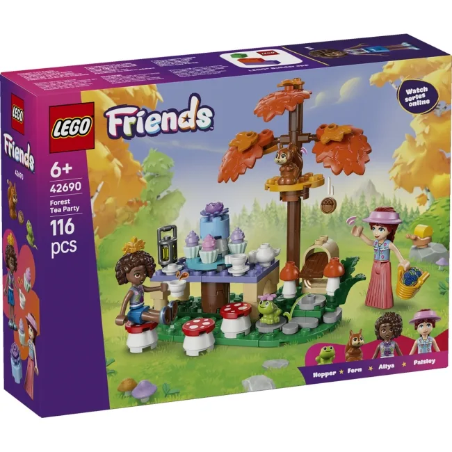 LEGO Friends Forest Tea Party set box with Aliya and Paisley mini-dolls enjoying a tea party with animal figures Hopper and Fern.