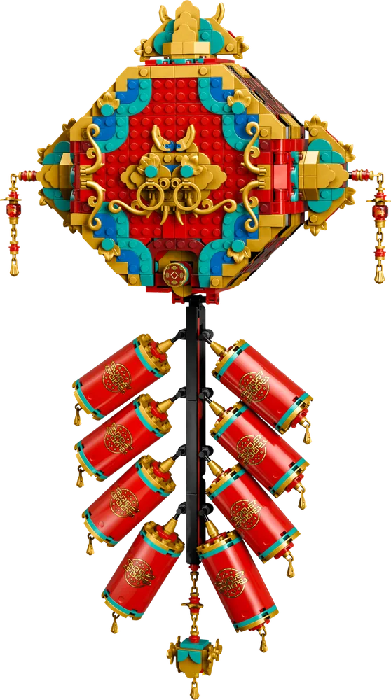 Full view of the LEGO 80118 Fortune Firecracker set, showcasing its vibrant red, teal, and gold colors and intricate design.