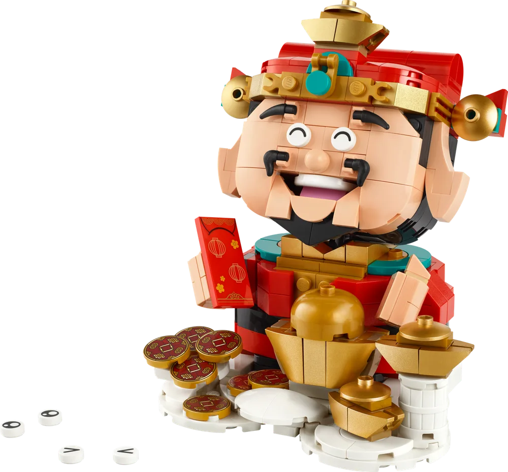 LEGO Fortune Master with a beaming smile, holding a red envelope, surrounded by gold ingots and coins.