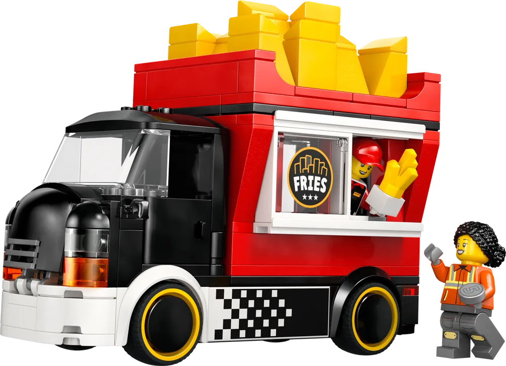 A vibrant red and black LEGO City Fries Food Truck with oversized golden fries on top, a minifigure chef handing out fries, and a customer minifigure waving.