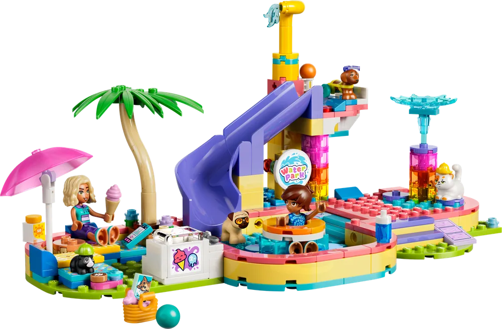A LEGO Friends Water Park set, featuring a purple slide, a palm tree, an ice cream stand, and several mini-dolls and pet figures playing.